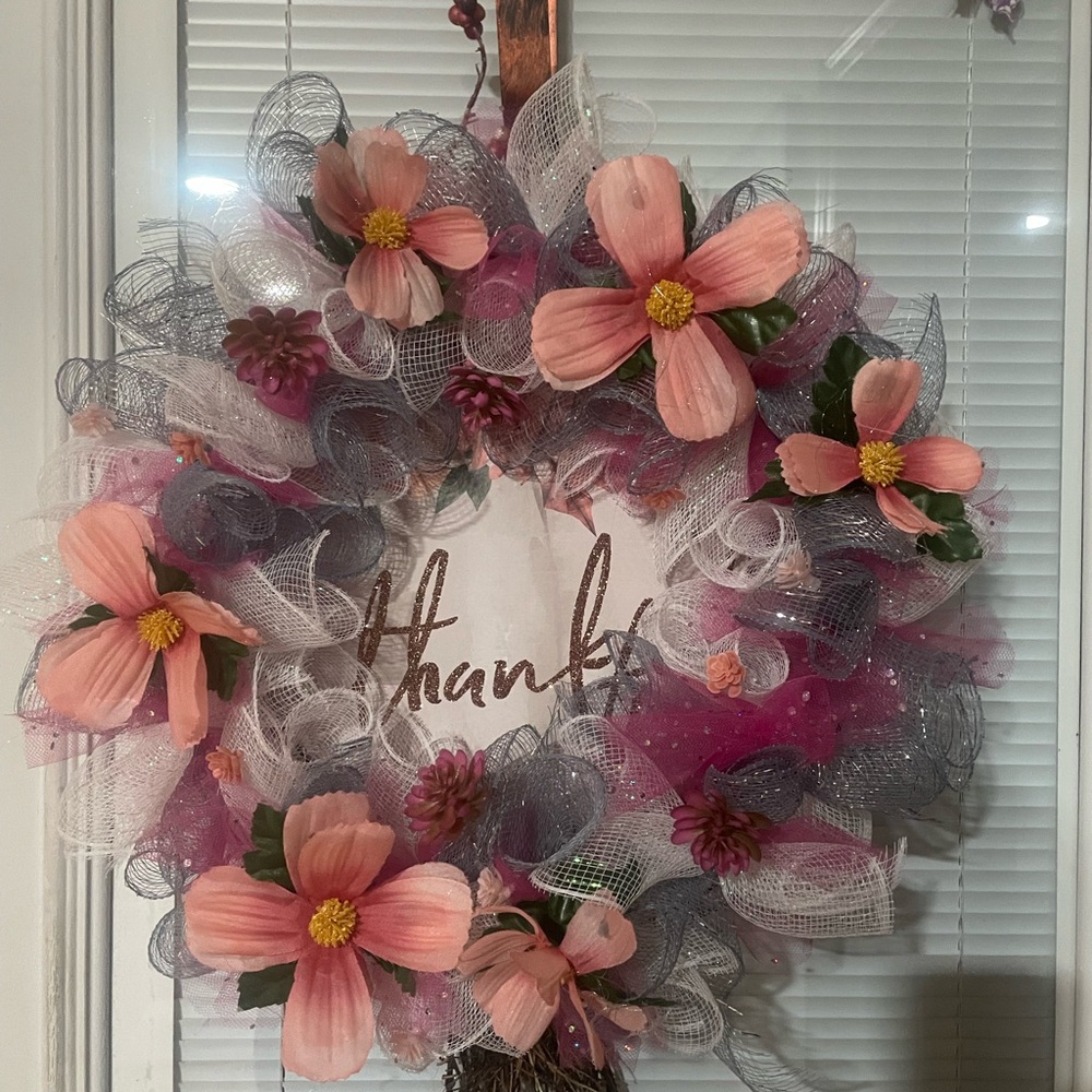 Floral Mesh Wreath with Pink and Gray Accents